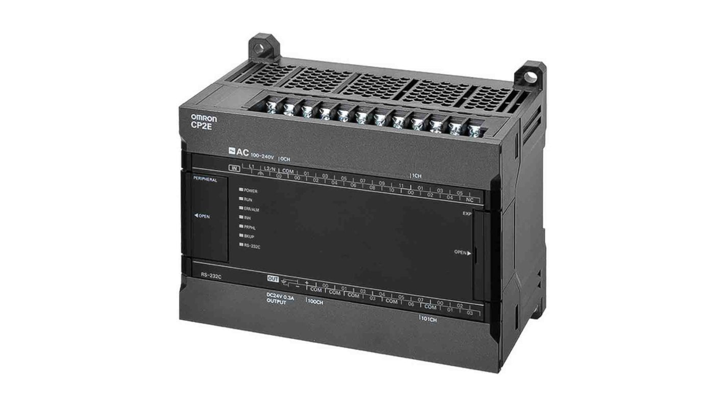 Omron CP2E-E30DR-A, CPU PLC compatto con 18 ingressi digitali, 12 uscite relè, montaggio a pannello, dimensioni 80 x 130 x 110 mm.