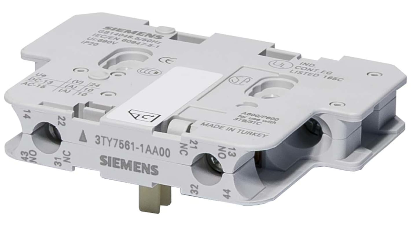 Blocco di contatti ausiliari Siemens 3TY7561-1AA00, 2 contatti (1 N/C + 1 N/A), montaggio a innesto, 10 A, 24 V c.a.