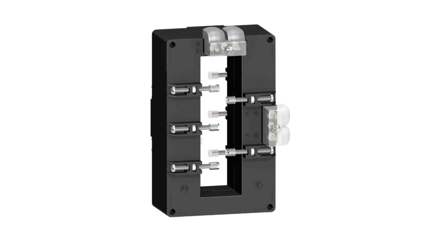 Trasformatore di corrente Schneider Electric METSECT5DB300, ingresso 3000A, uscita 5A, montaggio su guida DIN, dimensioni 160x99x78,4mm.