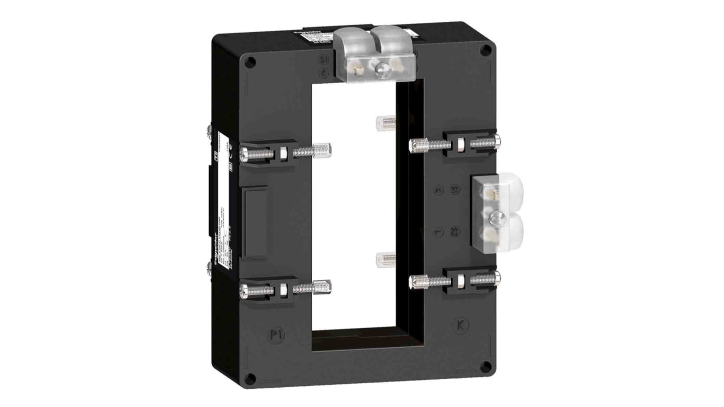 Trasformatore di corrente Schneider Electric METSECT5DC200, ingresso 2000A, uscita 5A, montaggio su guida DIN, dimensioni 160x125x87mm.
