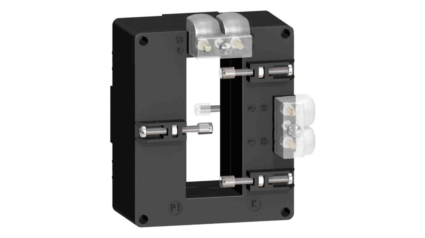 Trasformatore di corrente Schneider Electric METSECT5DD100, ingresso 1000A, uscita 5A, montaggio su guida DIN, dimensioni 116x96x78.4mm.