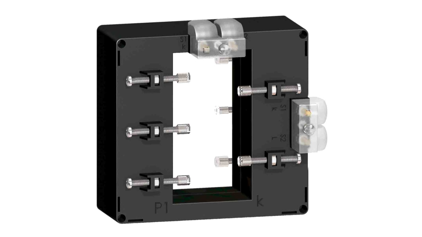 Trasformatore di corrente Schneider Electric METSECT5DE100, rapporto 1000:5, montaggio su guida DIN, dimensioni 129x135x85 mm.