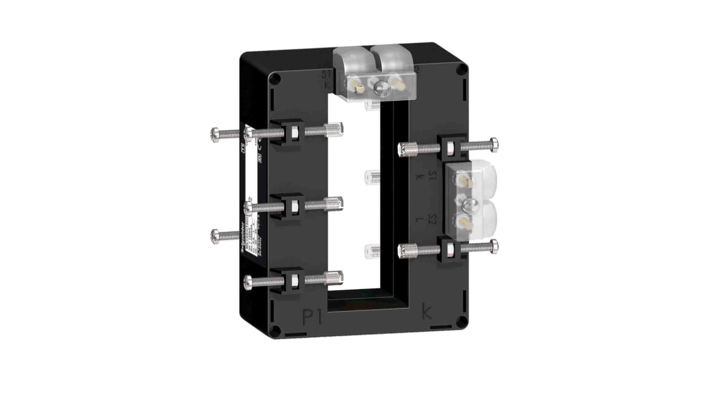 Trasformatore di corrente Schneider Electric METSECT5DH150, ingresso 1500A, uscita 5A, montaggio su guida DIN, dimensioni 129x98x40mm.