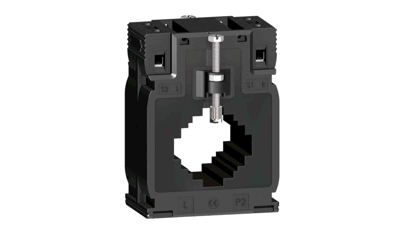 Trasformatore di corrente Schneider Electric METSECT5MC080, ingresso 800A, uscita 5A, montaggio su guida DIN, dimensioni 95x70x65mm.