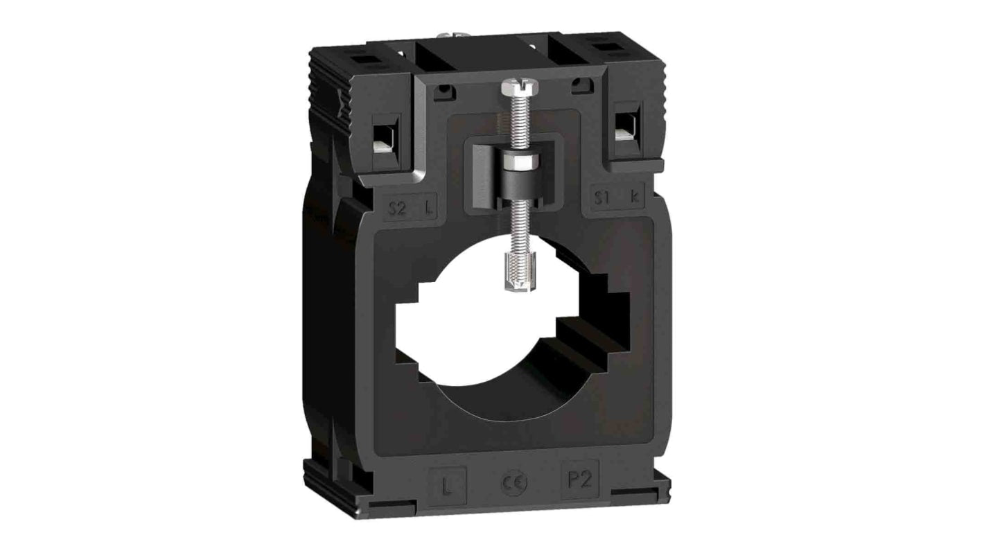 Trasformatore di corrente Schneider Electric METSECT5MD080, montaggio su guida DIN, rapporto 800:5, dimensioni 95x70x65mm.