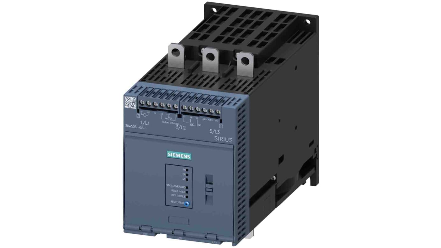 Avviatore soft-start Siemens 3RW5055-6AB15, 3 fasi, 90 kW, 400-600 V, 143 A, IP00, con terminali a molla.
