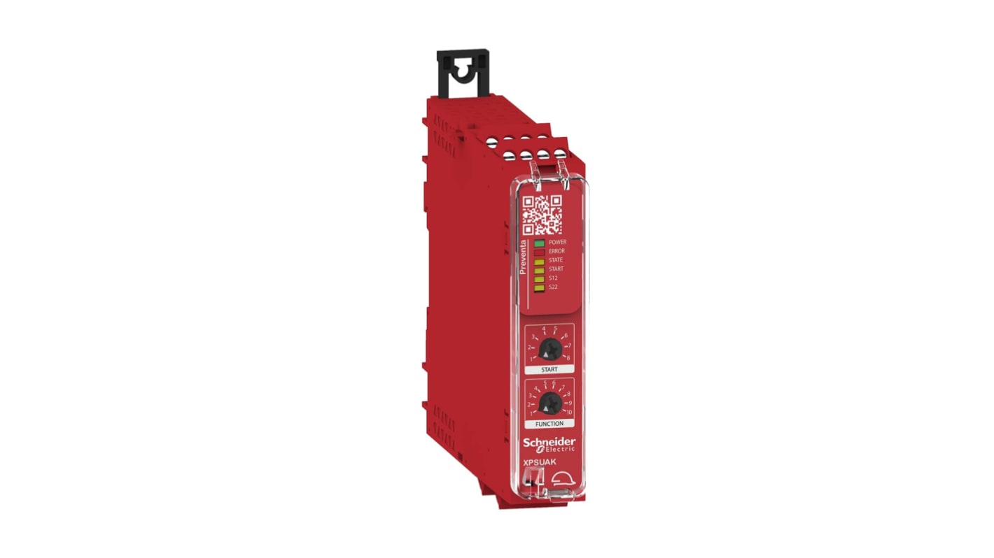 Relè di sicurezza Schneider Electric XPSUAK12AP: 24V, 2 canali, 3 contatti - Gamma Preventa. Ideale per monitorare circuiti di emergenza in applicazioni industriali.