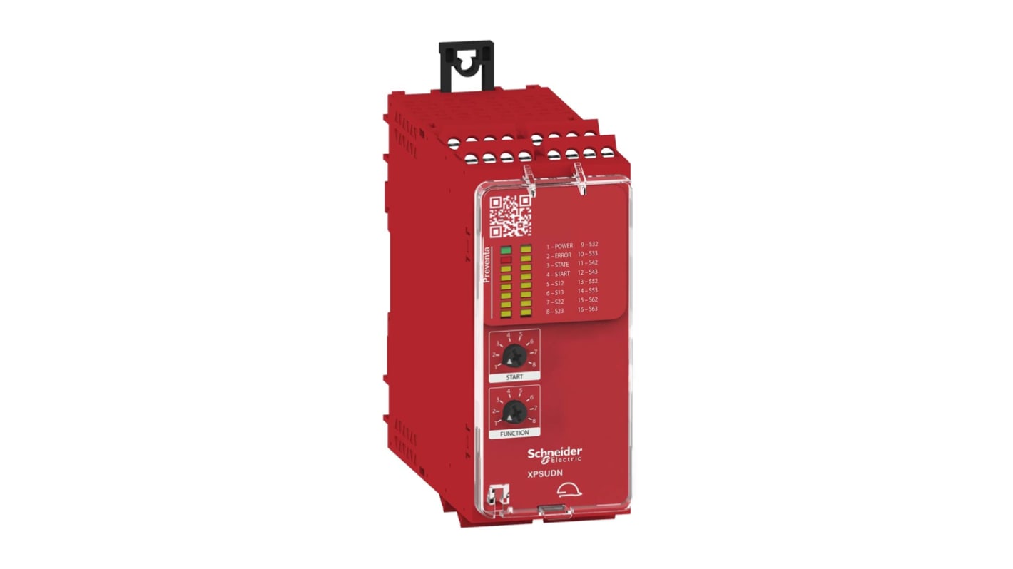 Relè di sicurezza Schneider Electric XPSUDN13AP: 24V, 6 canali, monitoraggio circuiti di emergenza e protezione meccanica. Alta sicurezza conforme a ISO 13849-1 e IEC 61508.