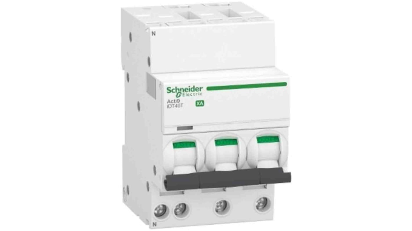 Interruttore magnetotermico Schneider Electric 3 poli, 10A, 7,5 kA, montaggio su guida DIN, dimensioni 85mm x 18mm x 74mm.