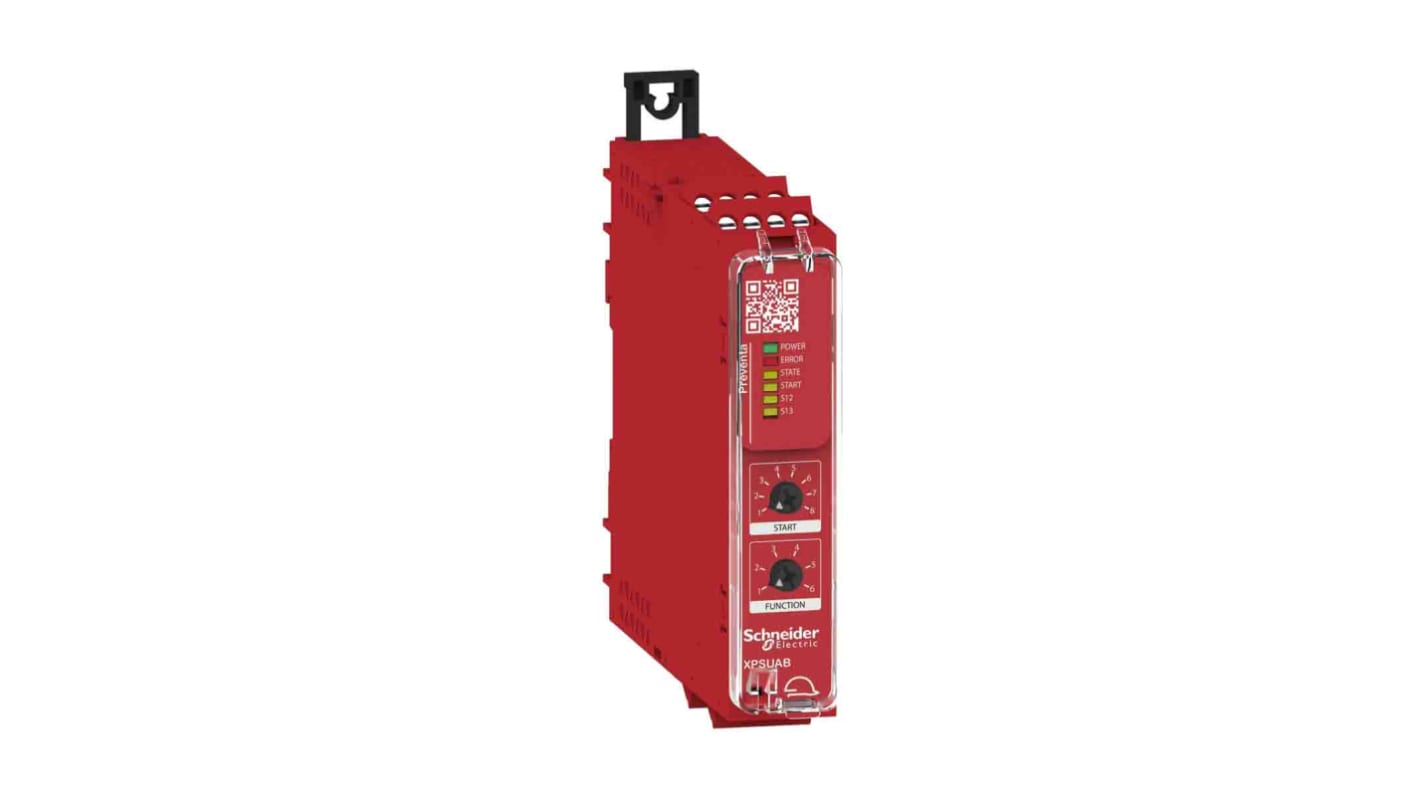 Relè di sicurezza Schneider Electric XPSUAB11CP: 24V, 1 canale, monitoraggio operazioni pericolose, uscite configurabili. Conforme a standard ISO e IEC.