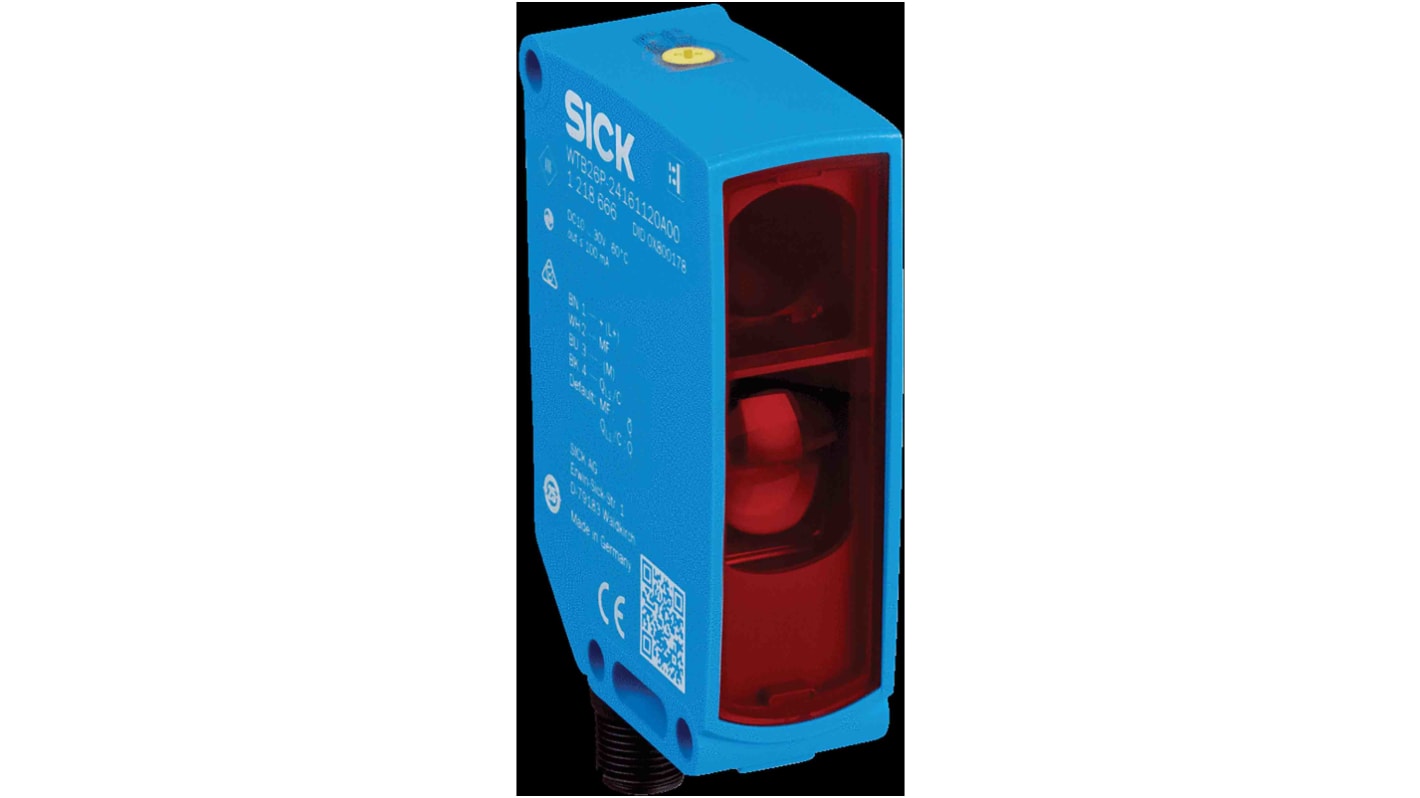 Sensore fotoelettrico rettangolare Sick WTB26I-24161120A00, rilevamento fino a 2 m, uscita NPN/PNP, interfaccia IO-Link.
