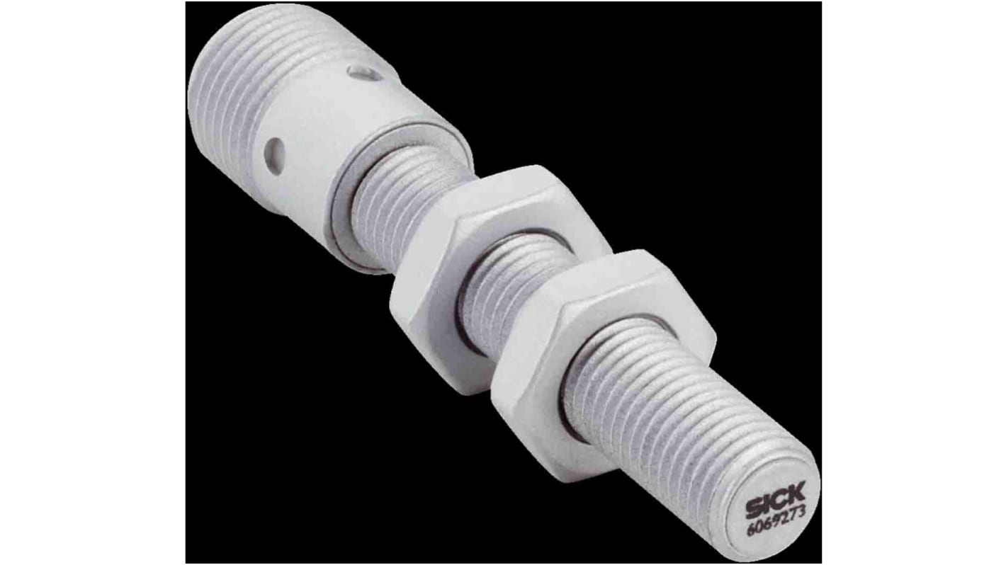 Sensore di prossimità induttivo cilindrico Sick IMR08-02BPSTC0S, PNP M8, rilevamento 2 mm, IP68, montaggio a filo, lunghezza 57 mm.