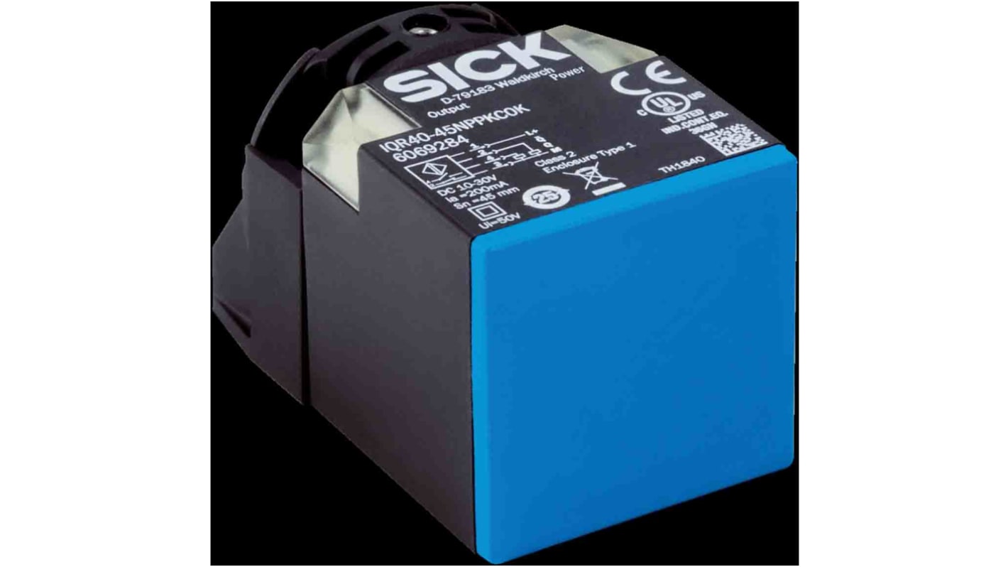 Sensore di prossimità Sick IQR40-20BPPKC0K, PNP, rilevamento 20 mm, corpo rettangolare in plastica, connettore M12 a 4 pin, IP68.