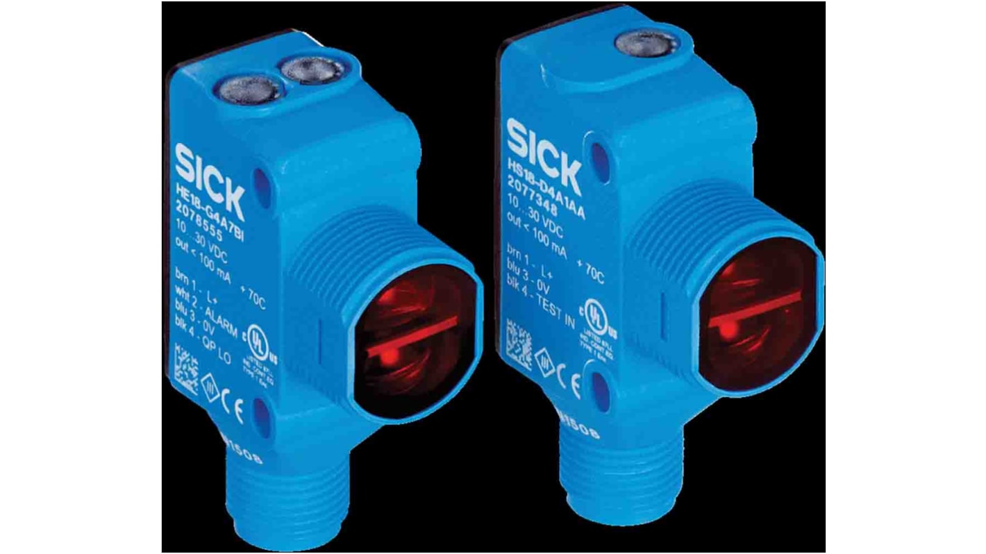 Sensore fotoelettrico Sick HSE18-A4A2BA, rilevamento fino a 25 m, uscita PNP, connettore M12 a 4 pin, luce rossa visibile.