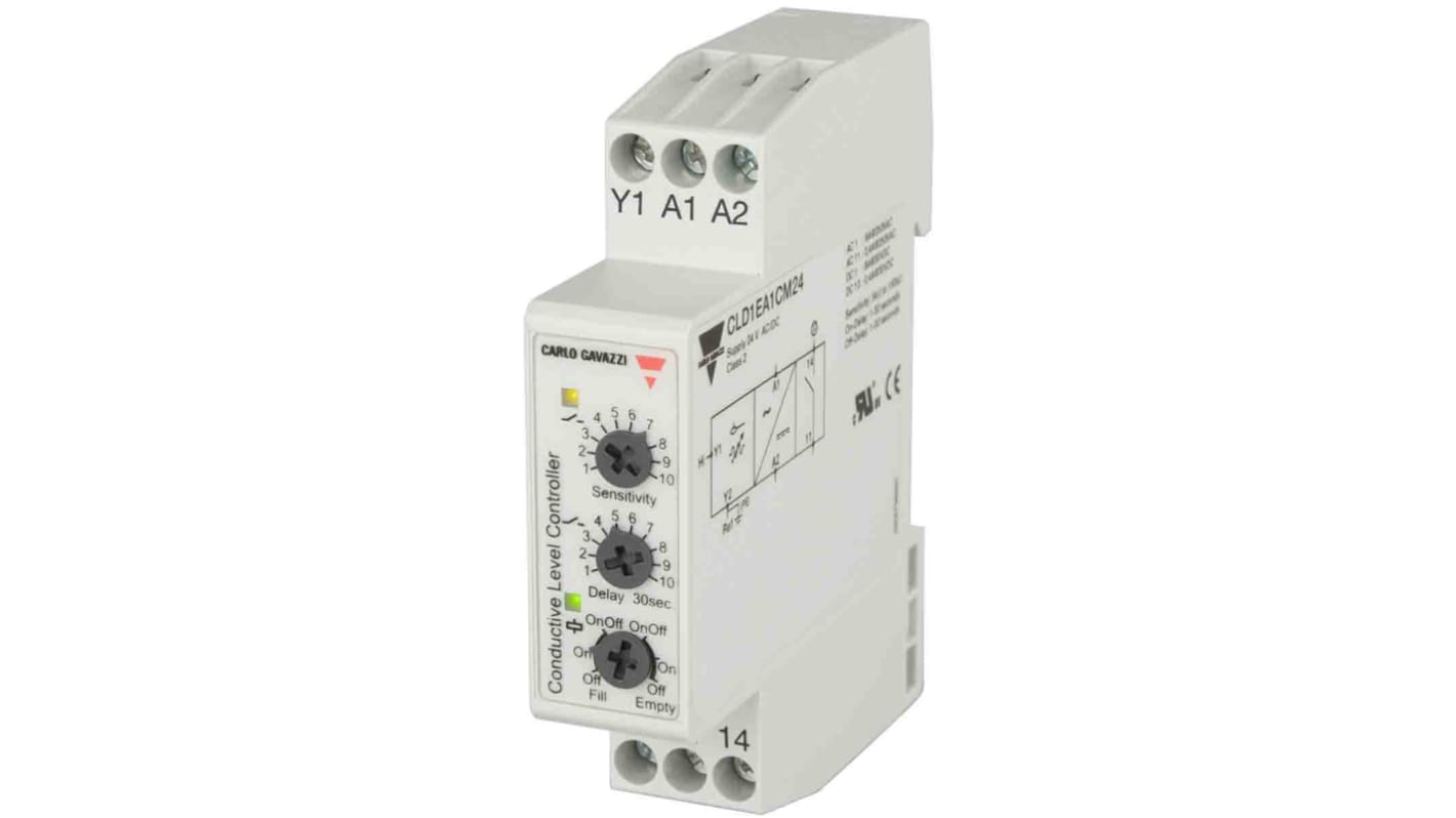 Controller di livello Carlo Gavazzi CLD1EA1CM24, montaggio su guida DIN 17,5 mm, alimentazione 24 V, ingresso analogico.