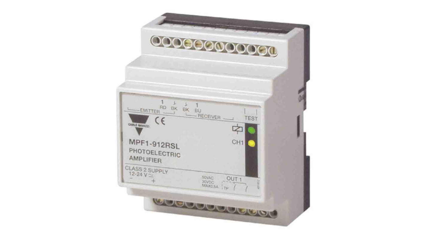 Sensore cilindrico Carlo Gavazzi MPF1-230RS, rilevamento fino a 15 m, uscita relè, collegamento a morsetto a vite.