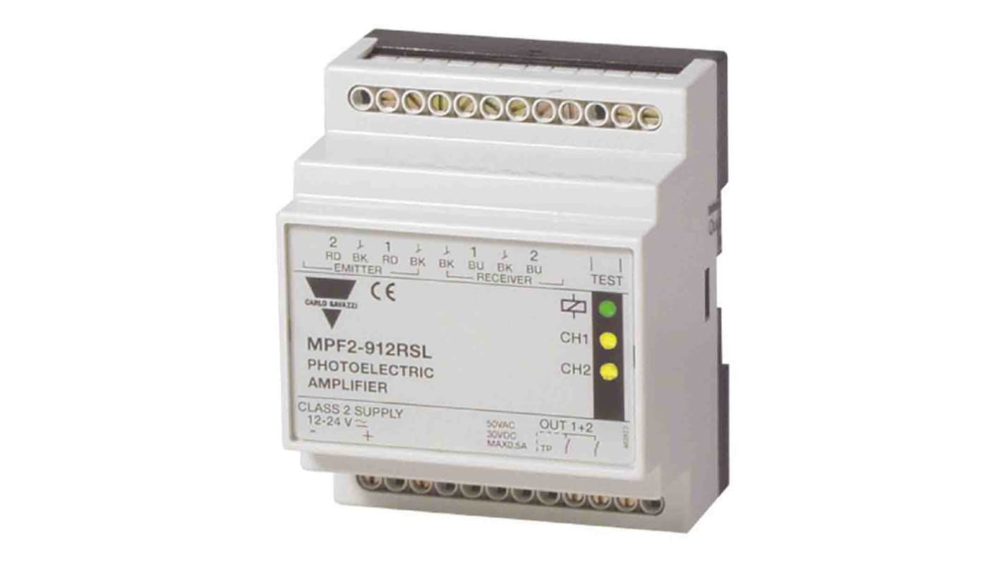 Carlo Gavazzi MPF2-912RSL, sensore fotoelettrico cilindrico a fascio diretto, rilevamento fino a 15 m, uscita relè, alimentazione 12-24 V.