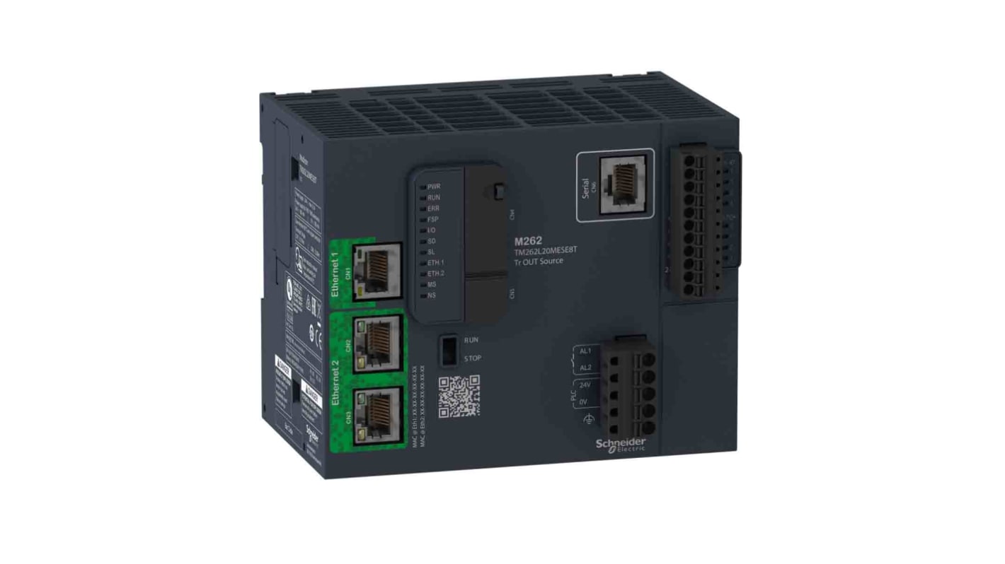 Controllore logico Schneider Electric TM262L20MESE8T, 4 ingressi digitali, alimentazione 24 V c.c., dimensioni 100x90x125 mm.