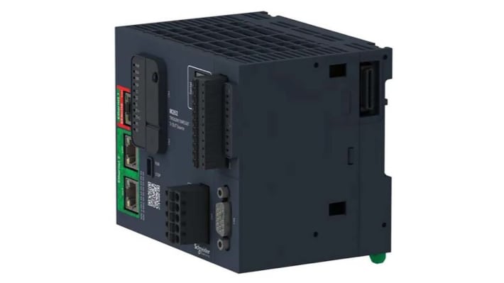 Controllore logico Schneider Electric TM262M15MESS8T, 4 ingressi digitali, montaggio su guida, dimensioni 100x90x125 mm.