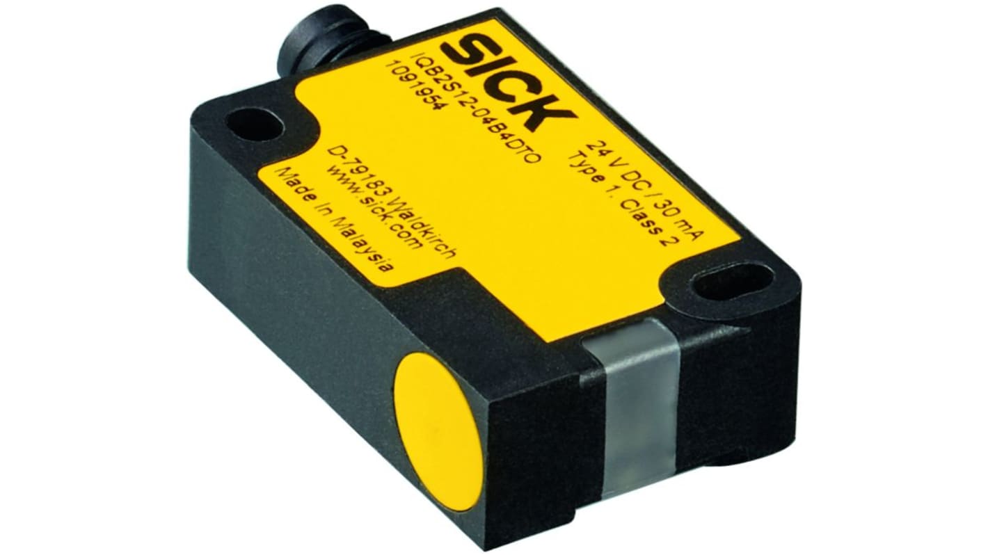 Interruttore di sicurezza senza contatto Sick IQB2S12-04B4DT0, 24V cc, contatti 2NO, protezione IP67, dimensioni 46.5 mm x 15 mm.