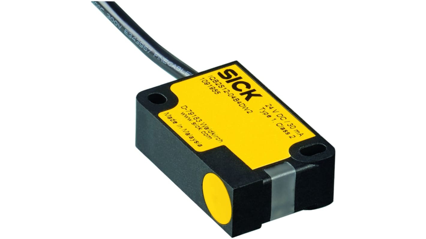 Interruttore di sicurezza senza contatto Sick IQB2S12-04B4DW2, 24V cc, contatti 2NO, protezione IP67, dimensioni 15 mm x 40 mm.