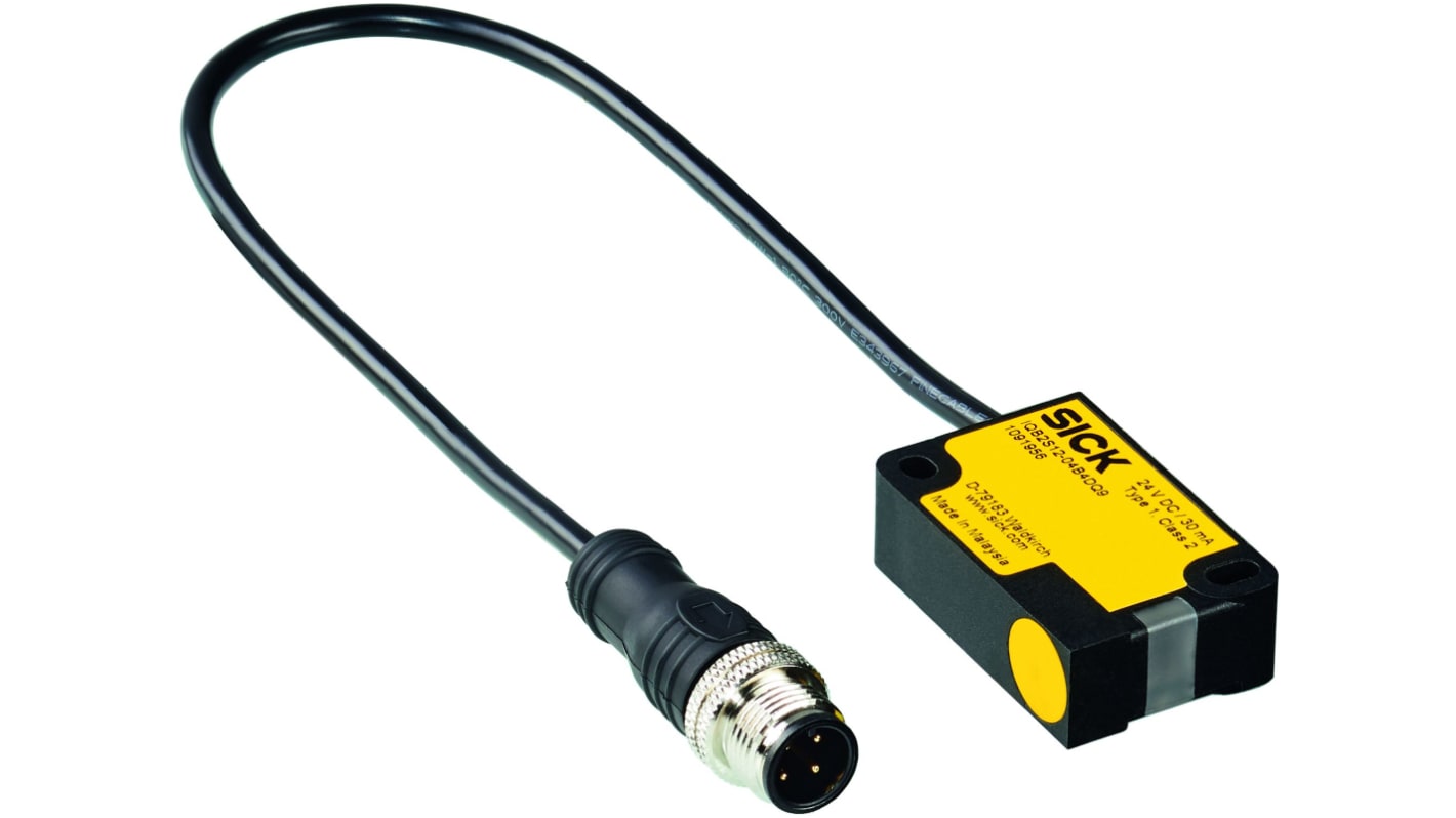 Interruttore di sicurezza senza contatto Sick IQB2S12-04B4DQ9, alimentazione 24V cc, contatti 2NO, protezione IP67, dimensioni 15mm x 40mm.