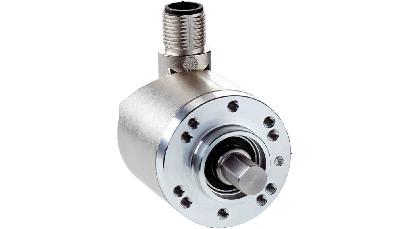 Encoder assoluto Sick AHM36B-S3QC012X12, risoluzione programmabile fino a 4096 impulsi, uscita IO-Link, IP65, dimensioni 36x43 mm.