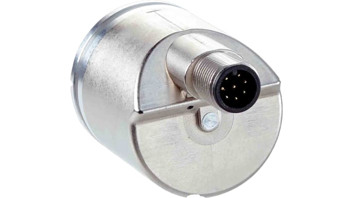 Encoder assoluto Sick AHM36B-S3QC012X12, risoluzione programmabile fino a 4096 impulsi, uscita IO-Link, IP65, dimensioni 36x43 mm.