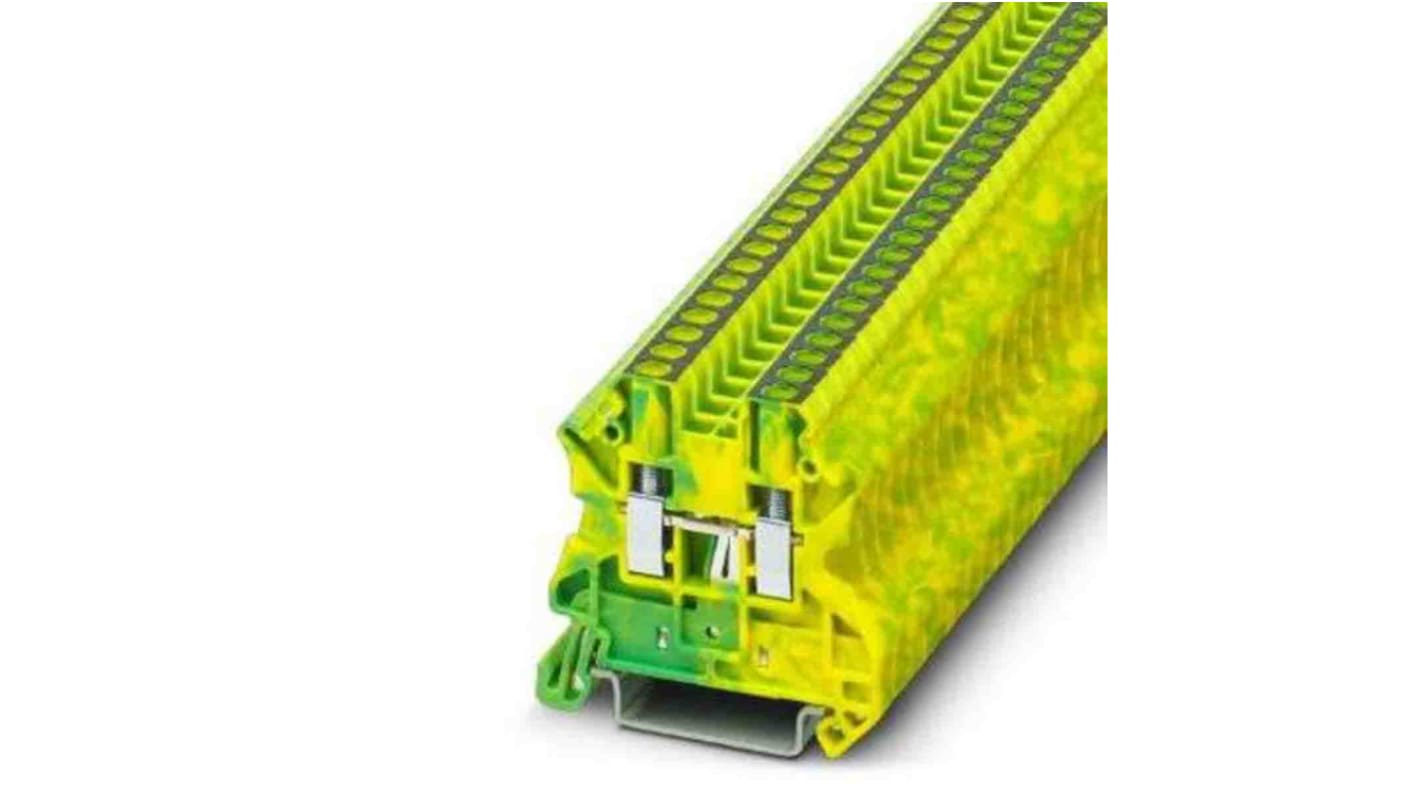 Morsettiera di terra Phoenix Contact 3044093, 2 vie, montaggio su guida NS 35, cavo 26-12 AWG, colore verde/giallo.