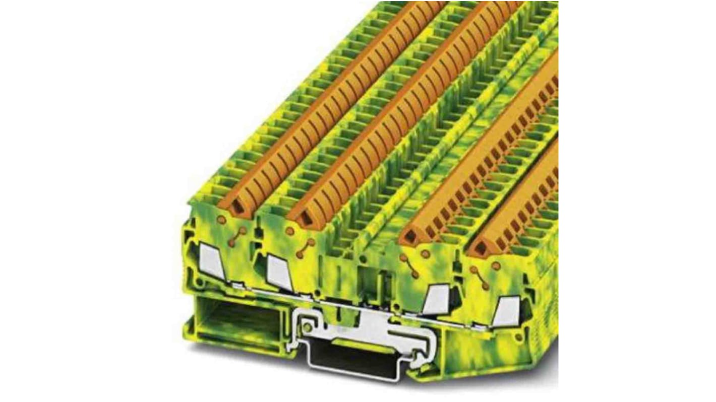 Morsettiera di terra Phoenix Contact, 4 vie, montaggio su guida NS 35, cavo 20-14 AWG, colore verde/giallo.