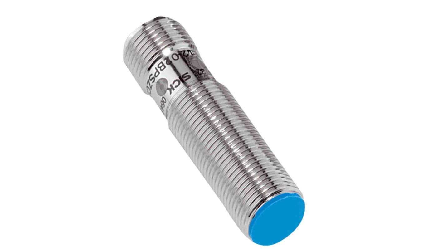 Sensore di prossimità cilindrico PNP M12 Sick IME12-02BPSZC0K, rilevamento 2 mm, IP67, montaggio a filo, lunghezza 46 mm.