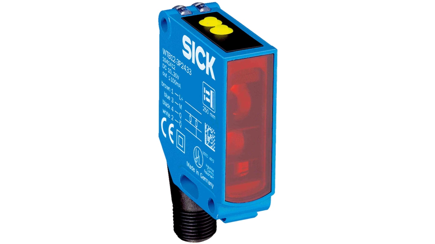 Sensore fotoelettrico rettangolare Sick WTB12-3P2433, rilevamento fino a 350 mm, uscita PNP, con connettore M12 a 4 pin.