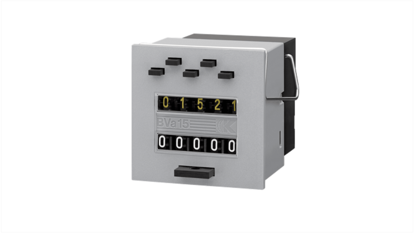 Contatore Kübler 2.100.211.066 per impulsi, 5 cifre, montaggio a pannello, alimentazione 230 V, azzeramento manuale.