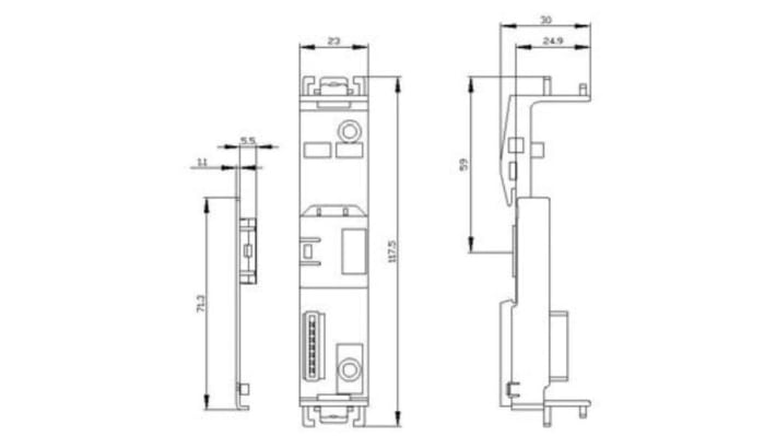 Adattatore di montaggio Siemens 3ZY1212-2DA00 per relè di sicurezza 3SK1, dimensioni 22,5 mm x 11,6 mm, montaggio su guida.