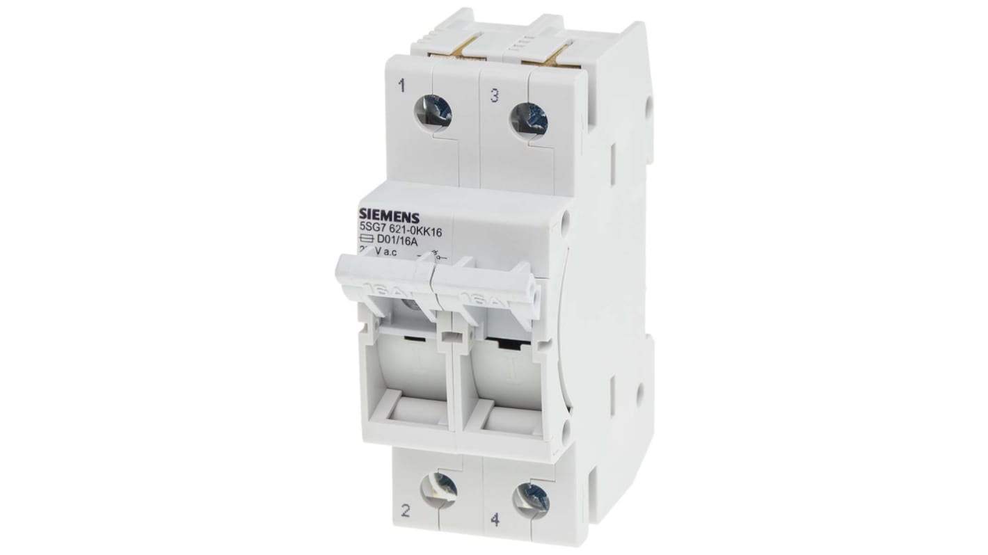 Sezionatore portafusibili Siemens 5SG7621-0KK16, 2 poli, 16 A, 400 V, fusibile D01, classe IP20, compatibile con conduttori.