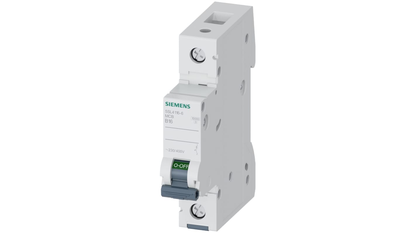 Interruttore magnetotermico Siemens 1P 16A 10 kA, Tipo B (cod. 5SL4116-6) per uso industriale. Design a limitazione di corrente, montaggio su guida DIN, protezione IP20.