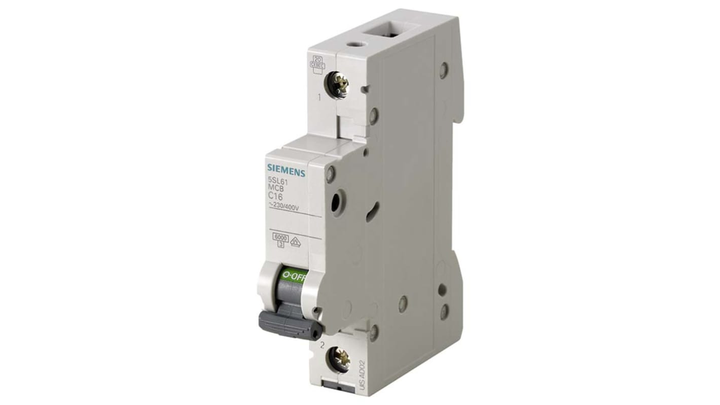 Interruttore magnetotermico Siemens 5SL6125-7, 1P 25A, Tipo C, montaggio su guida DIN, capacità di rottura 6 kA, grado di protezione IP20.