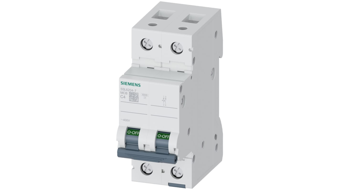 Interruttore magnetotermico Siemens 2P 4A 6kA, Tipo C per industria - Facile installazione su guida DIN, protezione IP20.