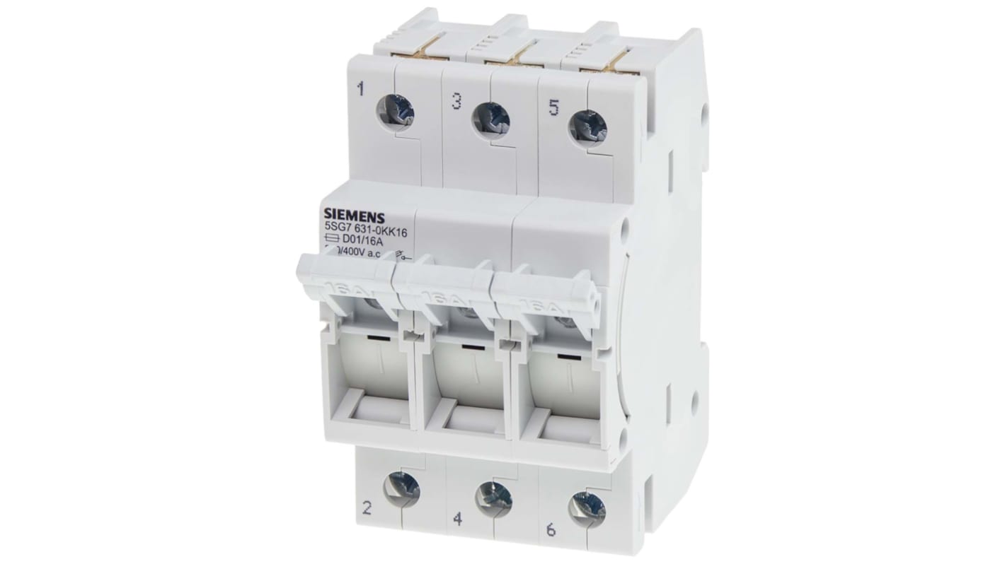 Sezionatore portafusibili Siemens 5SG7631-0KK16, 3 poli, 16A, 400V, fusibile D01, classe IP20, compatibile con conduttori.