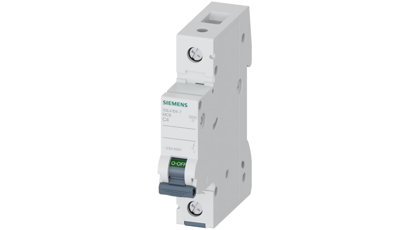 Interruttore magnetotermico Siemens 1P 4A 10 kA, Tipo C - Codice 5SL4104-7. Affidabile, facile da installare su guida DIN, protezione IP20. Ideale per applicazioni industriali.