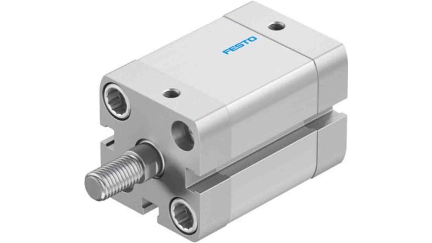 Cilindro pneumatico compatto Festo ADN-25-20-A-PPS-A, doppio effetto, foro 25mm, corsa 20mm, montabile in diverse posizioni.