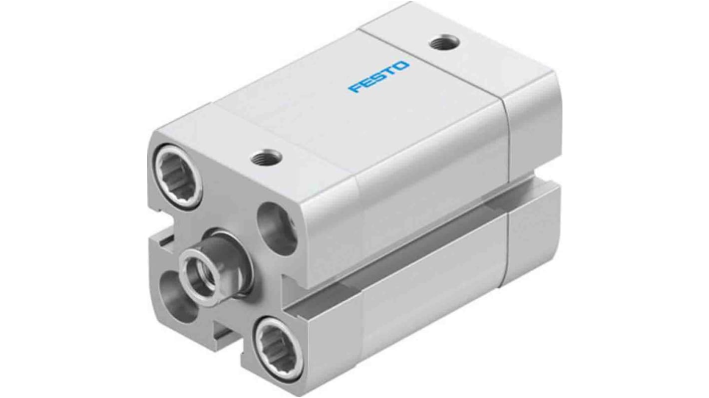 Cilindro pneumatico compatto Festo ADN-20-20-I-PPS-A, doppio effetto, foro 20mm, corsa 20mm, montabile in diverse posizioni.