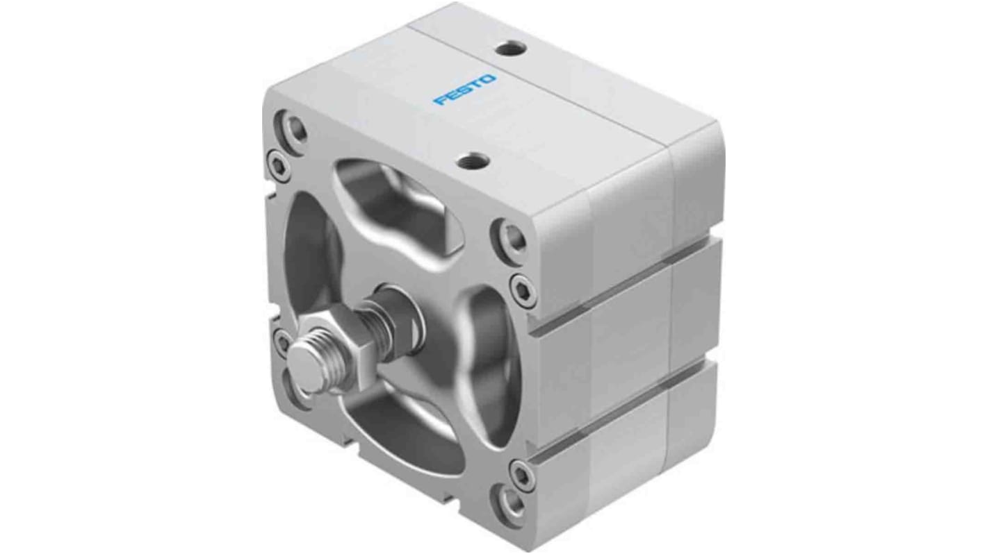 Cilindro pneumatico compatto Festo ADN10010A-P-A, doppio effetto, foro 100mm, corsa 10mm, montabile in diverse posizioni.