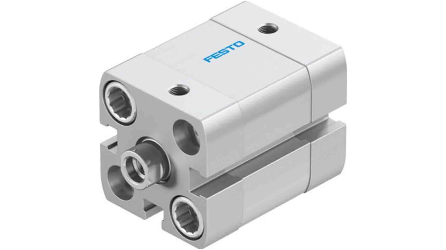 Cilindro pneumatico Festo ADN-20-10-I-PPS-A, compatto a doppio effetto, foro 20mm, corsa 10mm, montabile in diverse posizioni.
