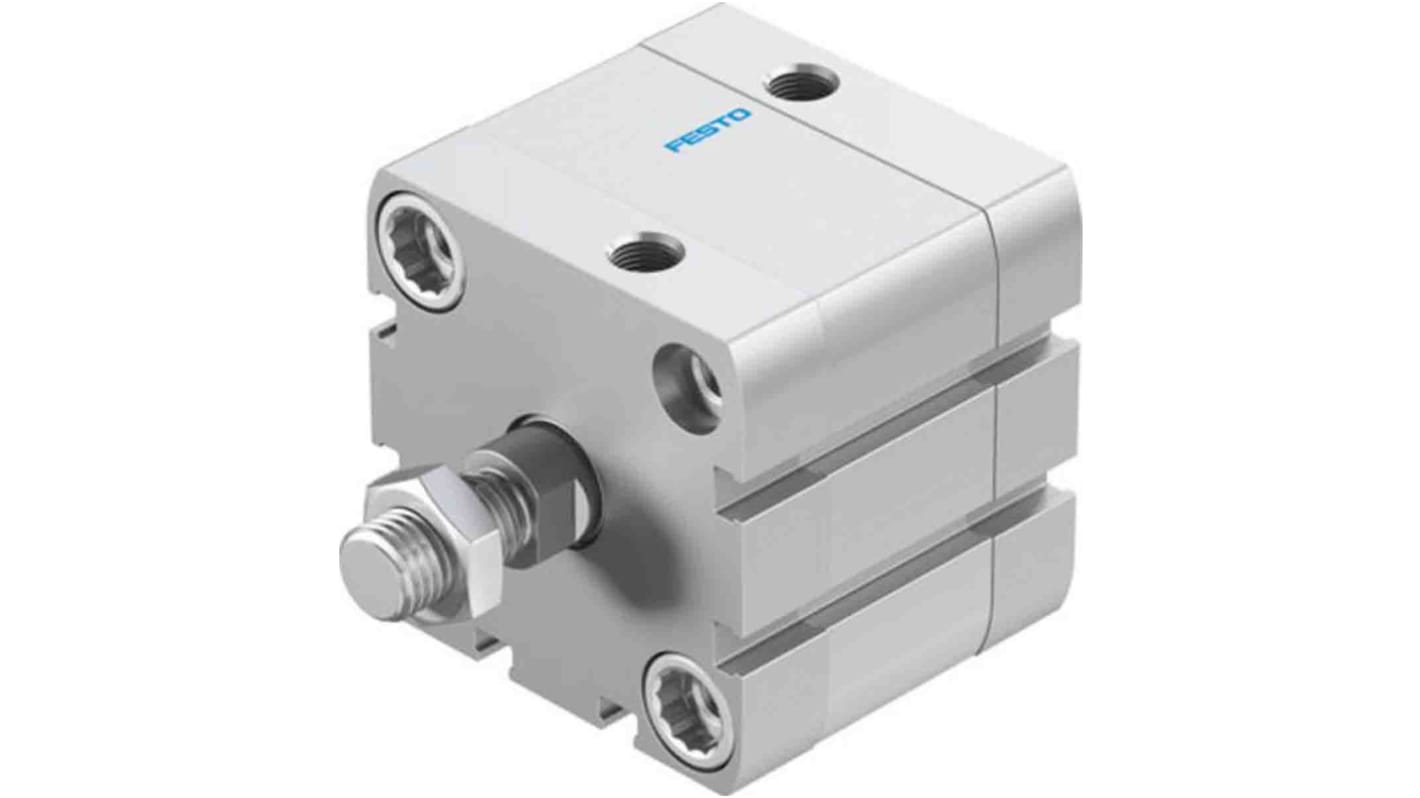 Cilindro pneumatico compatto Festo ADN-50-15-A-PPS-A, doppio effetto, foro 50mm, corsa 15mm, montabile in diverse posizioni.
