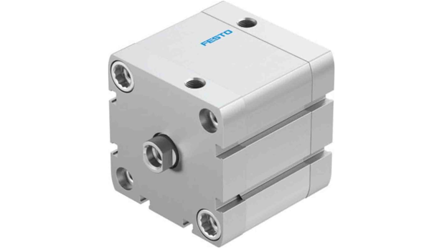 Cilindro pneumatico compatto Festo ADN-63-25-I-P-A, doppio effetto, foro 63mm, corsa 25mm, montabile in diverse posizioni.