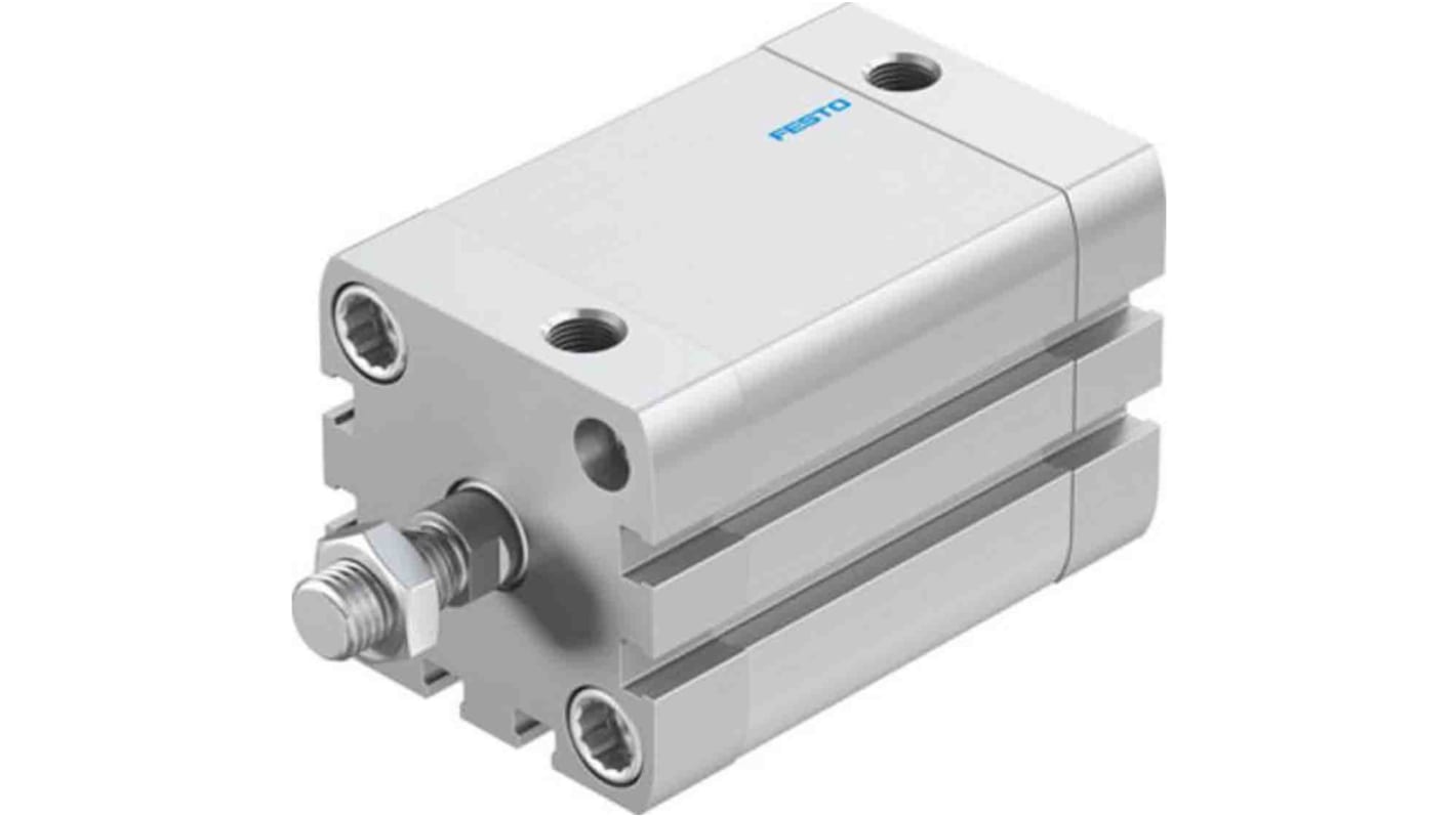 Cilindro pneumatico compatto Festo ADN-40-40-A-PPS-A, doppio effetto, foro 40mm, corsa 40mm, pressione 1-10 bar, assemblabile in qualsiasi posizione.