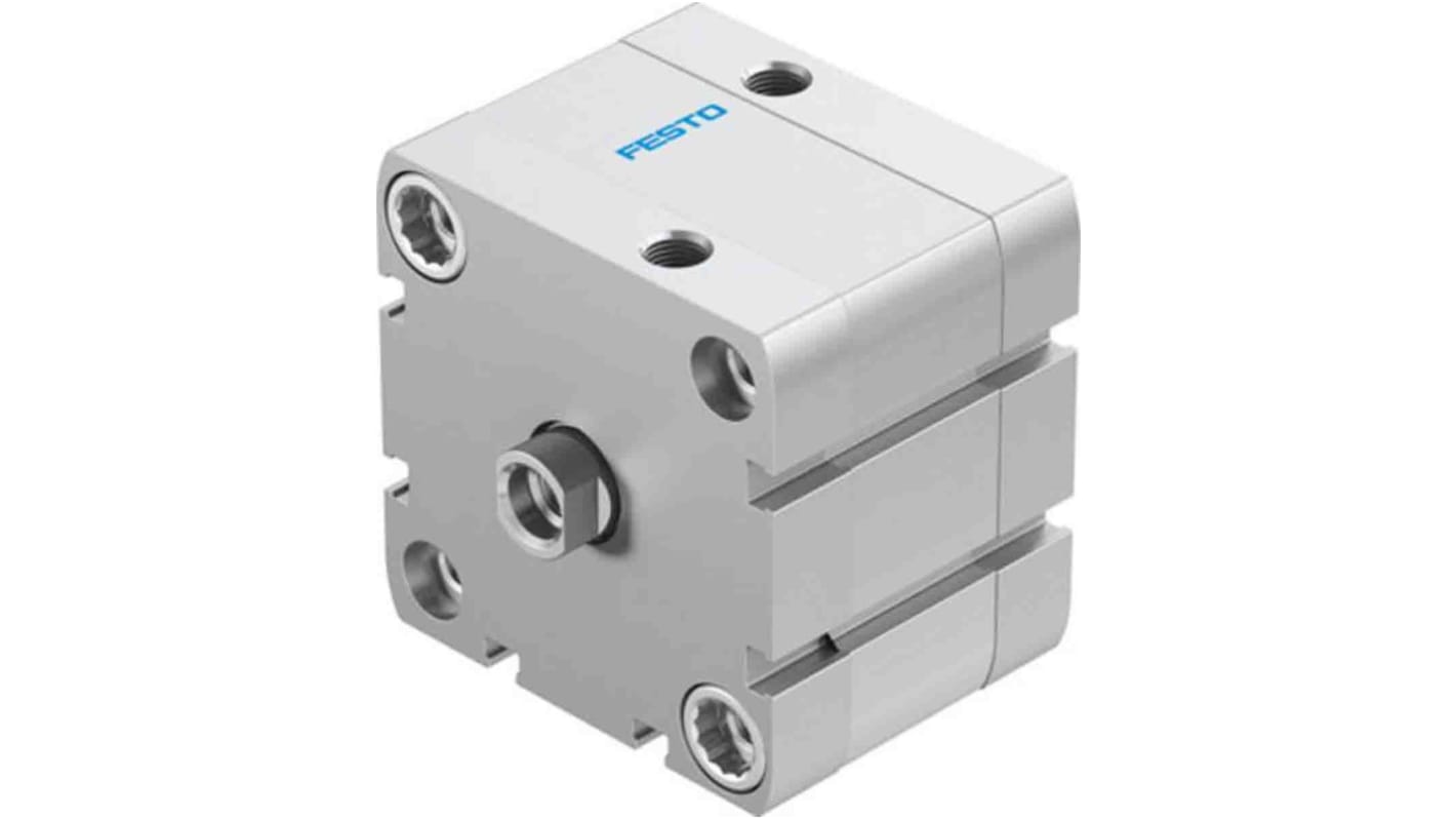 Cilindro pneumatico compatto Festo ADN-63-10-I-P-A, doppio effetto, foro 63mm, corsa 10mm, montabile in diverse posizioni.