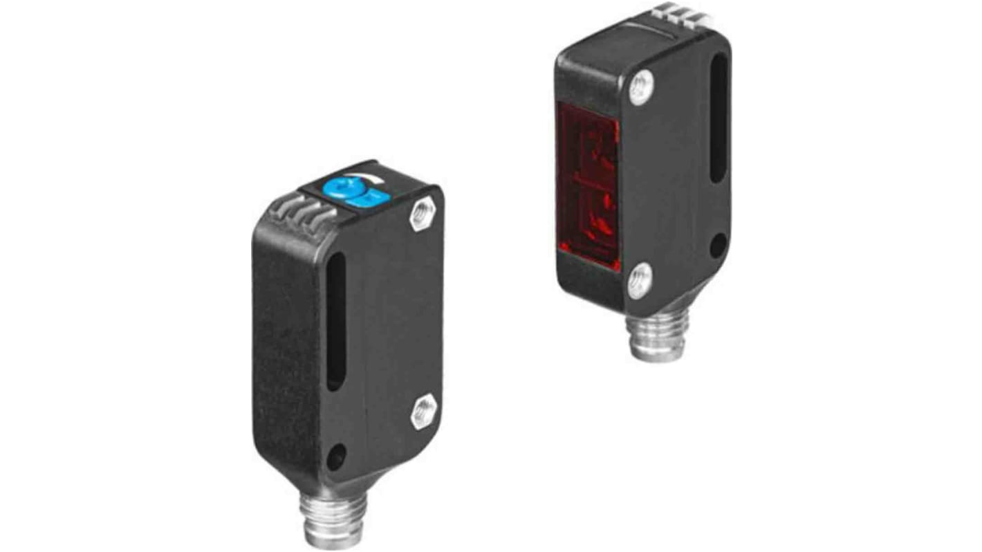 Festo SOOE-TB-R-PNLK-T, sensore fotoelettrico rettangolare con rilevamento fino a 12 m, uscita NPN/PNP, connettore M8 a 3 pin.