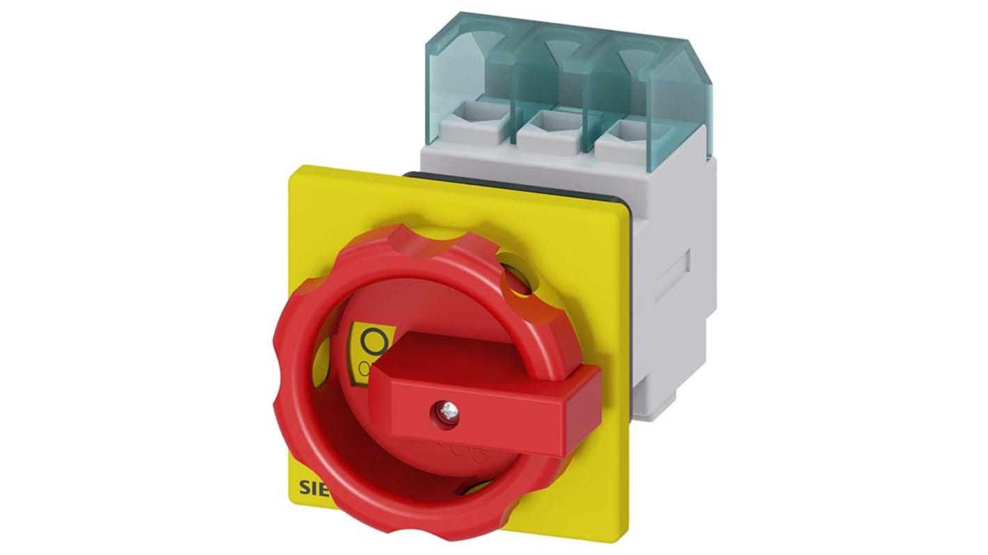 Interruttore di isolamento Siemens 3LD2254, 4 poli, 32 A, montaggio frontale, grado di protezione IP65, colore rosso/giallo.